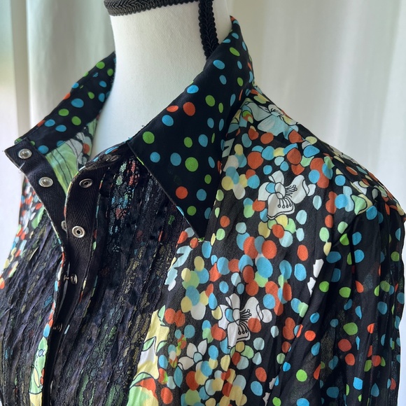 Women’s Blouse Colorful Polka Dot & Floral Print with Lace & Ribbon Accent - Picture 3 of 10